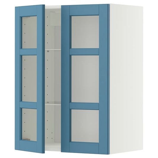 METOD wall cabinet w shelves/2 glass drs, white/Lerhyttan blue, 60x80 cm