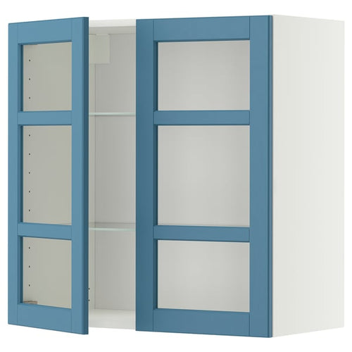 METOD wall cabinet w shelves/2 glass drs, white/Lerhyttan blue, 80x80 cm