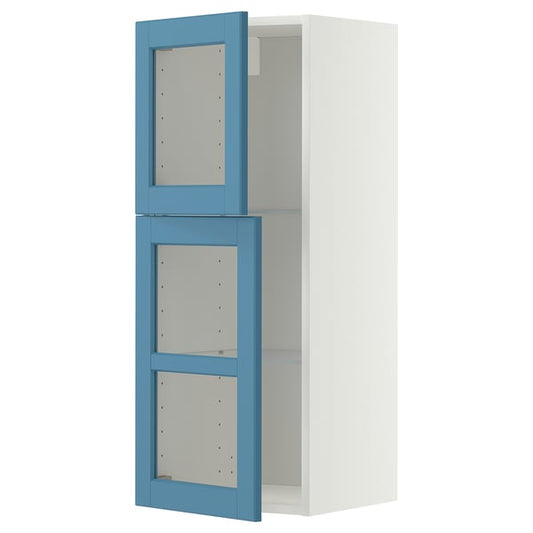 METOD wall unit with shelves/2 glass doors, white/Lerhyttan blue, 40x100 cm
