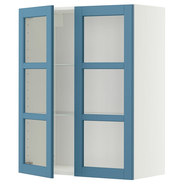 METOD wall cabinet w shelves/2 glass drs, white/Lerhyttan blue, 80x100 cm