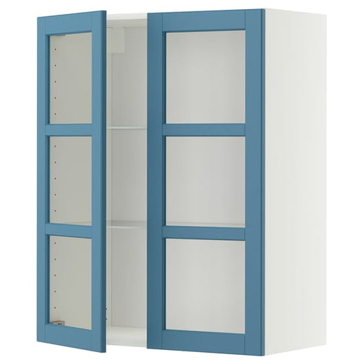 METOD wall cabinet w shelves/2 glass drs, white/Lerhyttan blue, 80x100 cm
