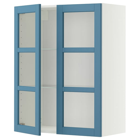 METOD wall cabinet w shelves/2 glass drs, white/Lerhyttan blue, 80x100 cm