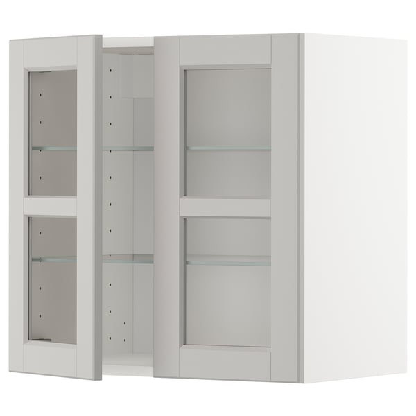 METOD wall cabinet w shelves/2 glass drs, white/Lerhyttan light grey, 60x60 cm