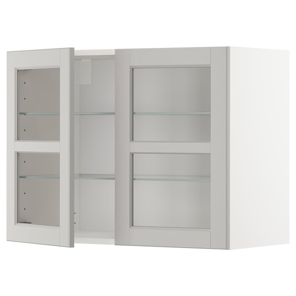 METOD wall cabinet w shelves/2 glass drs, white/Lerhyttan light grey, 80x60 cm