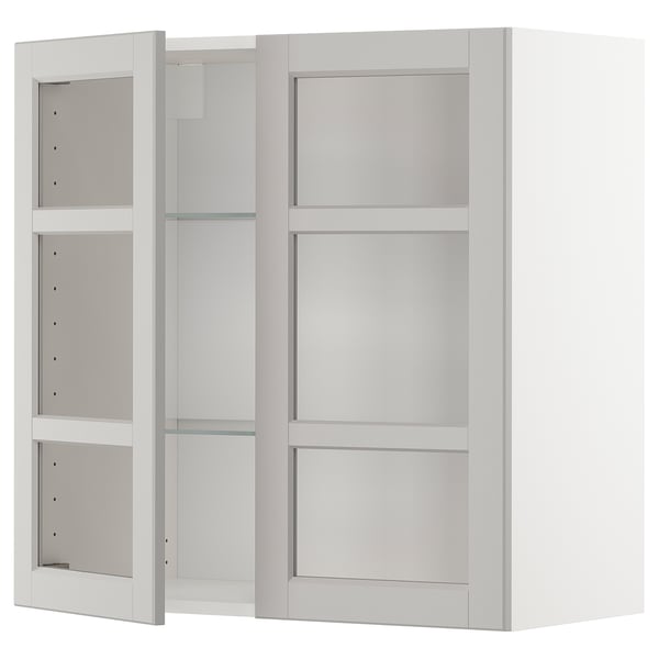 METOD wall cabinet w shelves/2 glass drs, white/Lerhyttan light grey, 80x80 cm