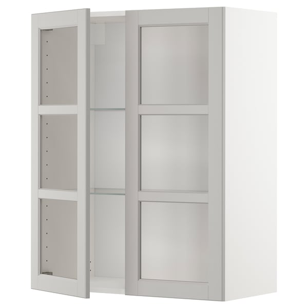 METOD wall cabinet w shelves/2 glass drs, white/Lerhyttan light grey, 80x100 cm