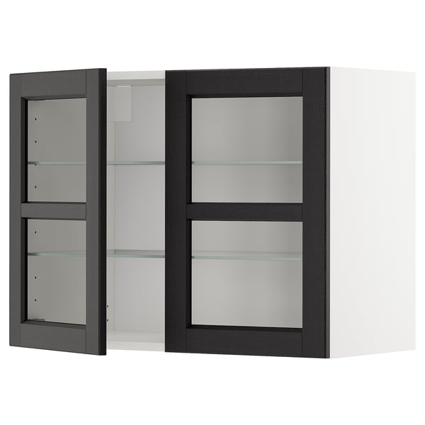 METOD wall cabinet w shelves/2 glass drs, white/Lerhyttan black stained, 80x60 cm