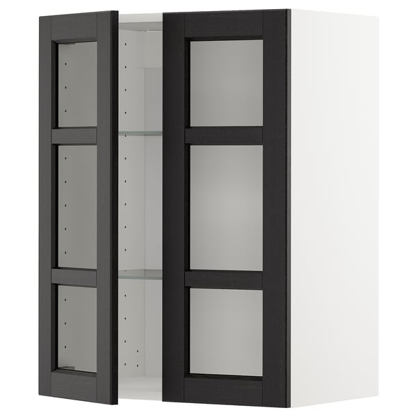 METOD wall cabinet w shelves/2 glass drs, white/Lerhyttan black stained, 60x80 cm