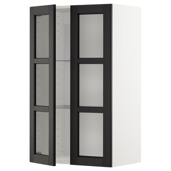 METOD wall cabinet w shelves/2 glass drs, white/Lerhyttan black stained, 60x100 cm