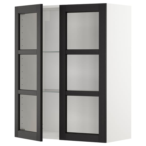 METOD wall cabinet w shelves/2 glass drs, white/Lerhyttan black stained, 80x100 cm