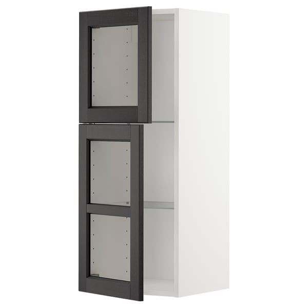 METOD wall cabinet w shelves/2 glass drs, white/Lerhyttan black stained, 40x100 cm
