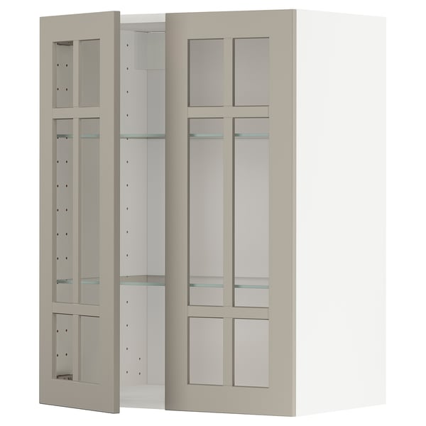 METOD - METOD Wall cabinet w shelves/2 glass drs, white/Stensund beige, 60x80 cm