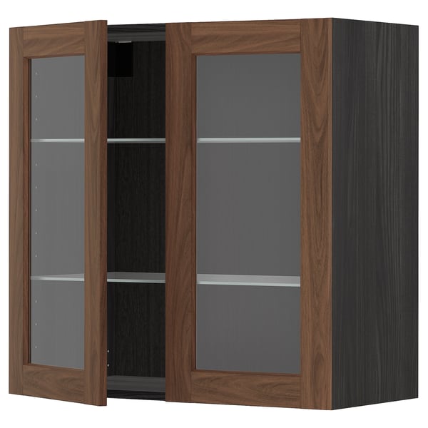 METOD wall cabinet w shelves/2 glass drs, black Enköping/brown walnut effect, 80x80 cm