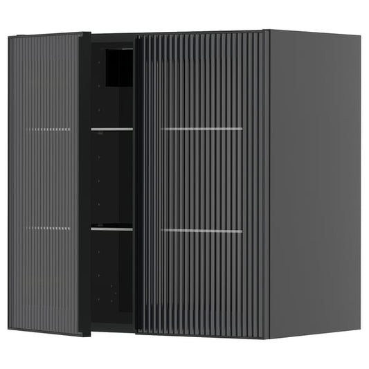 METOD - METOD Wall cabinet w shelves/2 glass drs, black-grey/Hejsta anthracite reeded glass, 60x60 cm