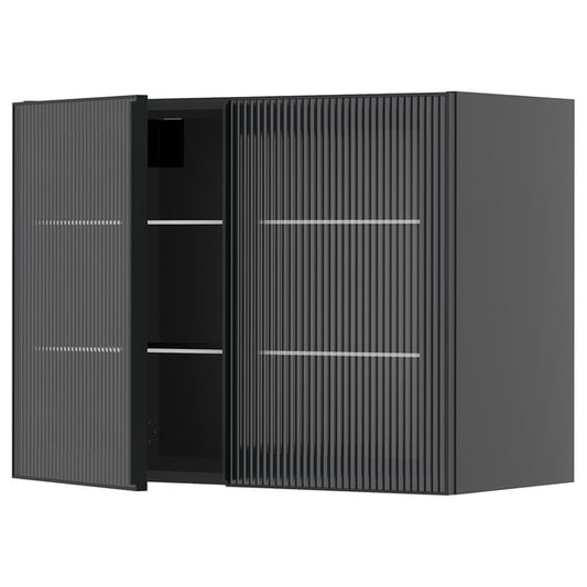 METOD - METOD Wall cabinet w shelves/2 glass drs, black-grey/Hejsta anthracite reeded glass, 80x60 cm