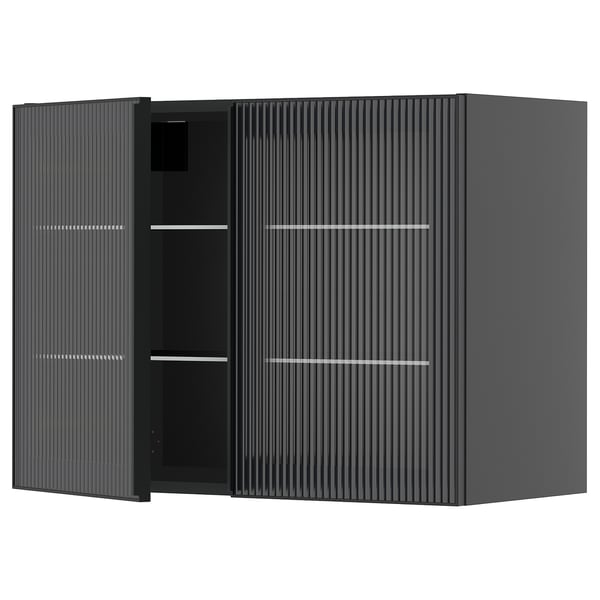 METOD wall cabinet w shelves/2 glass drs, black-grey/Hejsta anthracite reeded glass, 80x60 cm