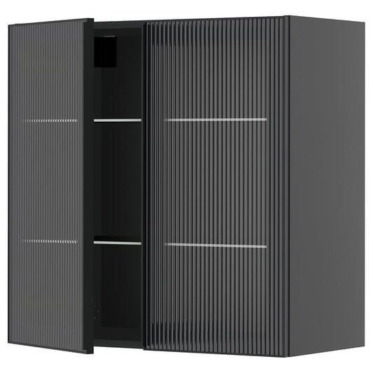 METOD - METOD Wall cabinet w shelves/2 glass drs, black-grey/Hejsta anthracite reeded glass, 80x80 cm