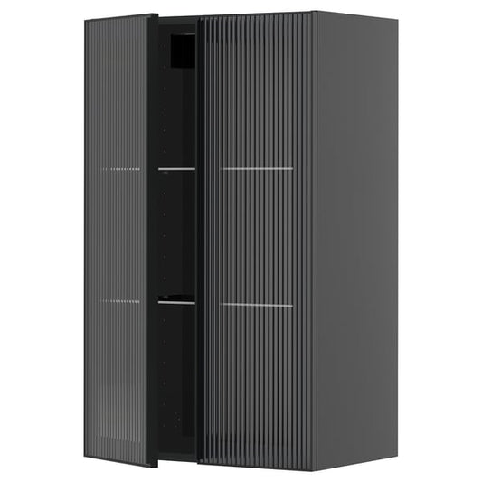 METOD - METOD Wall cabinet w shelves/2 glass drs, black-grey/Hejsta anthracite reeded glass, 60x100 cm