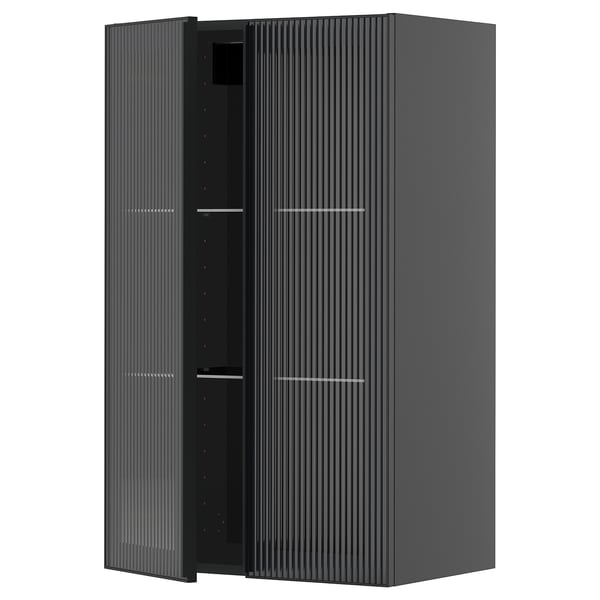 METOD - METOD Wall cabinet w shelves/2 glass drs, black-grey/Hejsta anthracite reeded glass, 60x100 cm