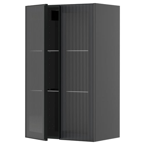 METOD - METOD Wall cabinet w shelves/2 glass drs, black-grey/Hejsta anthracite reeded glass, 60x100 cm