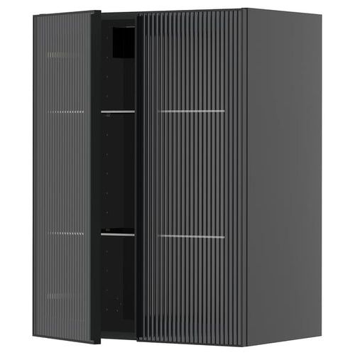 METOD Wall unit with shelves/2 glass doors, black-grey/Hejsta grooved glass anthracite, 60x80 cm