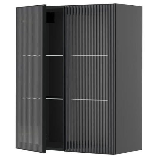 METOD - METOD Wall cabinet w shelves/2 glass drs, black-grey/Hejsta anthracite reeded glass, 80x100 cm