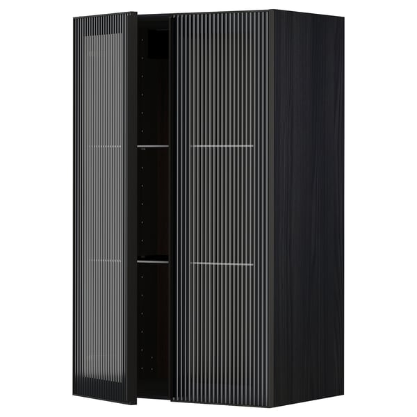 METOD - METOD Wall cabinet w shelves/2 glass drs, black/Hejsta anthracite reeded glass, 60x100 cm