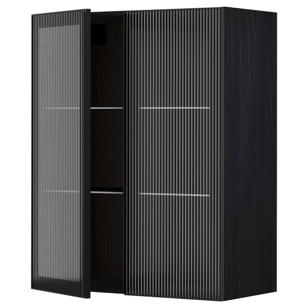 METOD wall cabinet w shelves/2 glass drs, black/Hejsta anthracite reeded glass, 80x100 cm