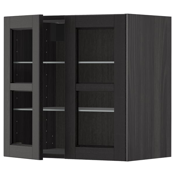 METOD wall cabinet w shelves/2 glass drs, black/Lerhyttan black stained, 60x60 cm