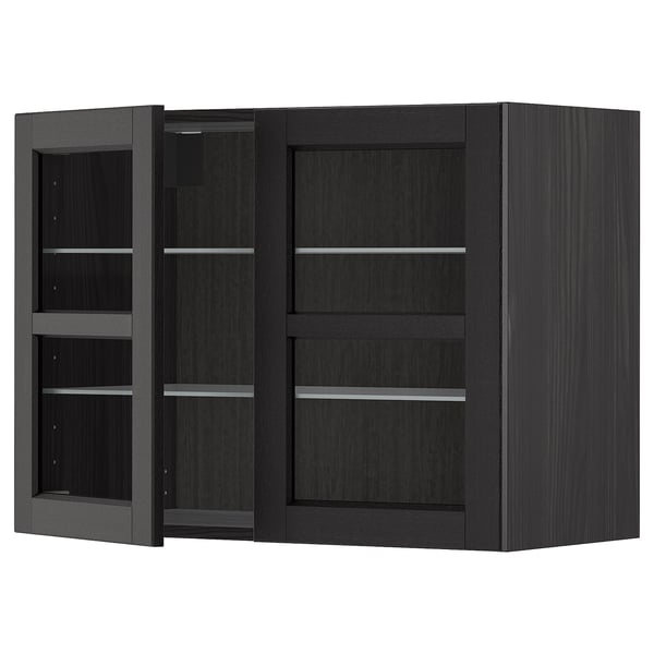 METOD wall cabinet w shelves/2 glass drs, black/Lerhyttan black stained, 80x60 cm