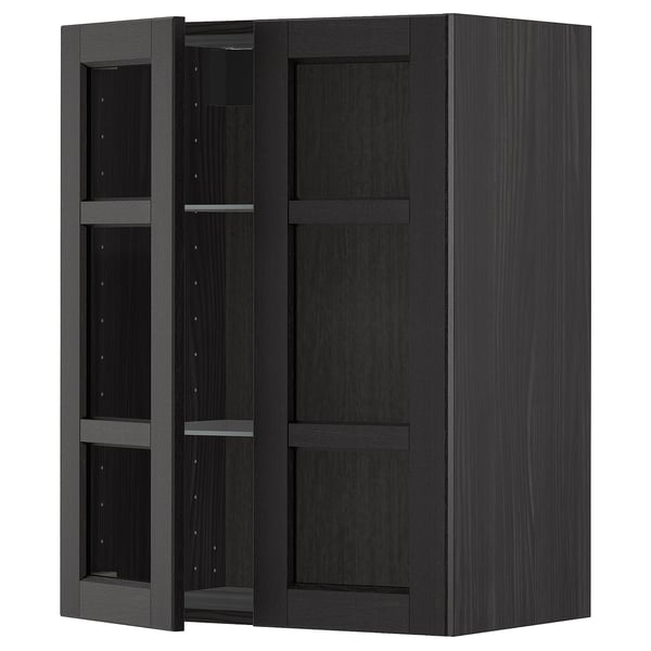 METOD wall cabinet w shelves/2 glass drs, black/Lerhyttan black stained