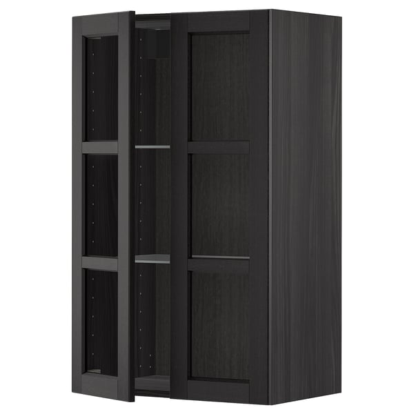 METOD wall cabinet w shelves/2 glass drs, black/Lerhyttan black stained