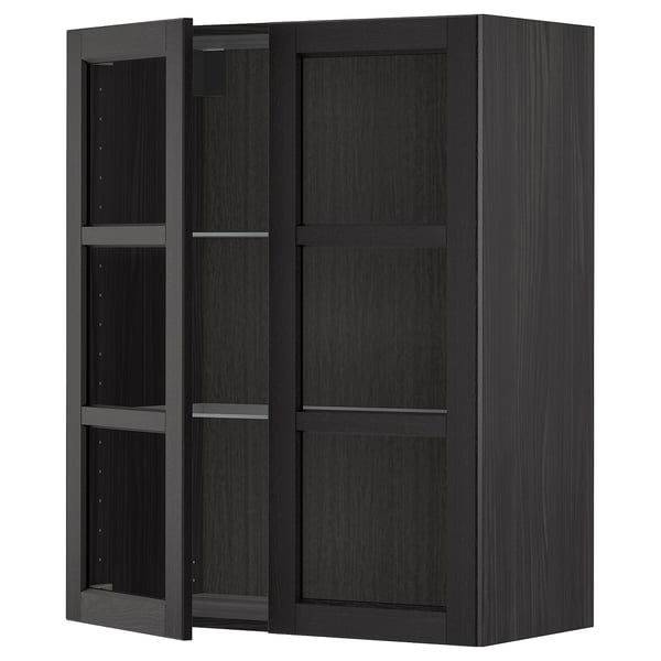 METOD wall cabinet w shelves/2 glass drs, black/Lerhyttan black stained, 80x100 cm