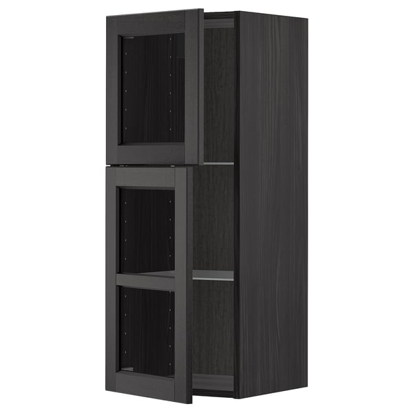 METOD wall cabinet w shelves/2 glass drs, black/Lerhyttan black stained