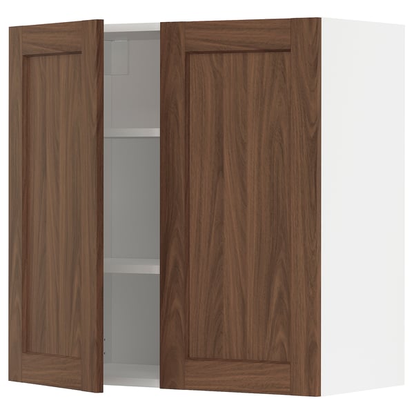 METOD - METOD Wall cabinet with shelves/2 doors, white Enköping/brown walnut effect, 80x80 cm