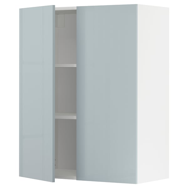 METOD wall cabinet with shelves/2 doors, white/Kallarp light grey-blue