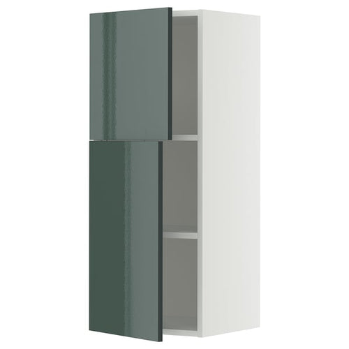 METOD wall cabinet with shelves/2 doors, white/Kallarp high-gloss dark grey-green, 40x100 cm