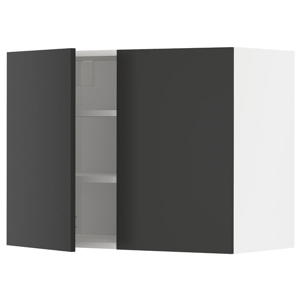 METOD wall cabinet with shelves/2 doors, white/Nickebo matt anthracite, 80x60 cm