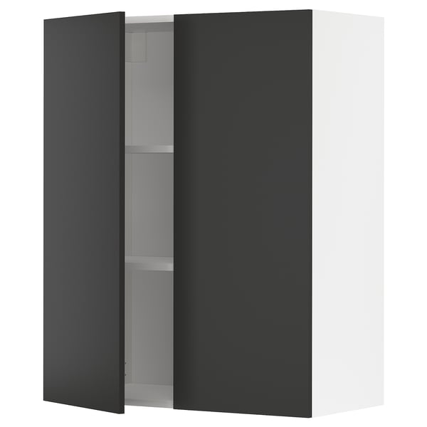 METOD - Wall cabinet with shelves/2 doors, white/Nickebo matt anthracite , 80x100 cm