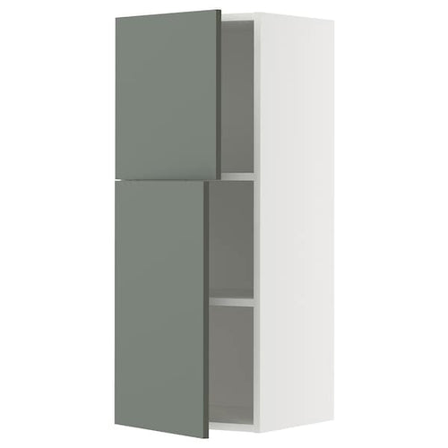 METOD wall cabinet with shelves/2 doors, white/Nickebo matt grey-green, 40x100 cm
