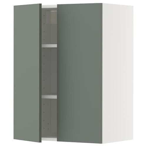 METOD wall cabinet with shelves/2 doors, white/Nickebo matt grey-green, 60x80 cm