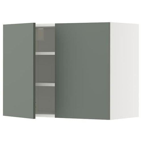 METOD wall cabinet with shelves/2 doors, white/Nickebo matt grey-green, 80x60 cm