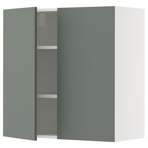 METOD wall cabinet with shelves/2 doors, white/Nickebo matt grey-green, 80x80 cm