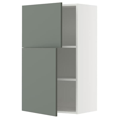 METOD wall cabinet with shelves/2 doors, white/Nickebo matt grey-green, 60x100 cm