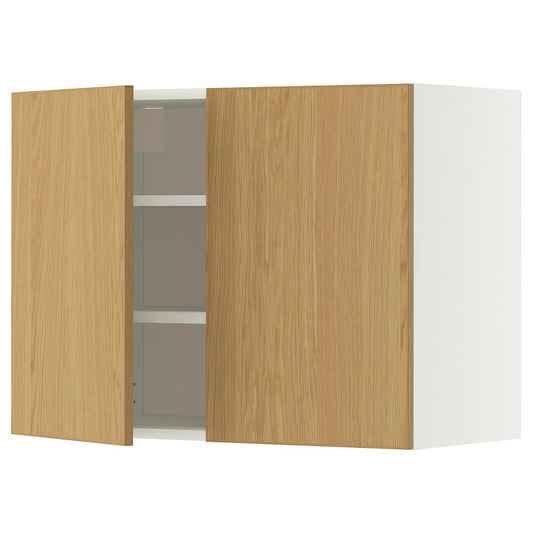 METOD wall cabinet with shelves/2 doors, white/Sinarp oak veneer, 80x60 cm