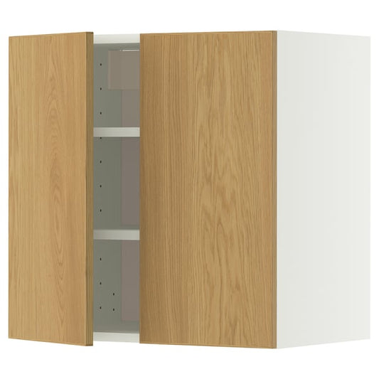 METOD wall cabinet with shelves/2 doors, white/Sinarp oak veneer, 60x60 cm