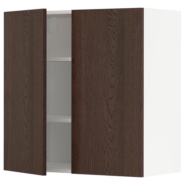 METOD wall cabinet with shelves/2 doors, white/Sinarp brown, 80x80 cm