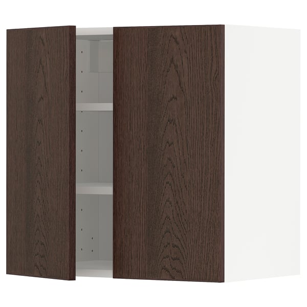 METOD wall cabinet with shelves/2 doors, white/Sinarp brown, 60x60 cm