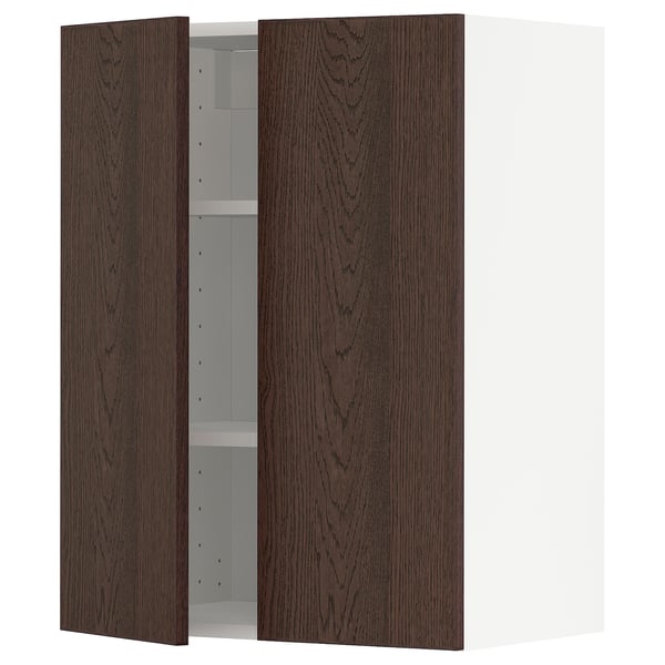 METOD wall cabinet with shelves/2 doors, white/Sinarp brown, 60x80 cm
