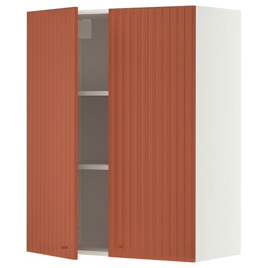 METOD wall cabinet with shelves/2 doors, white/Terrsjö red-brown wave pattern, 80x100 cm
